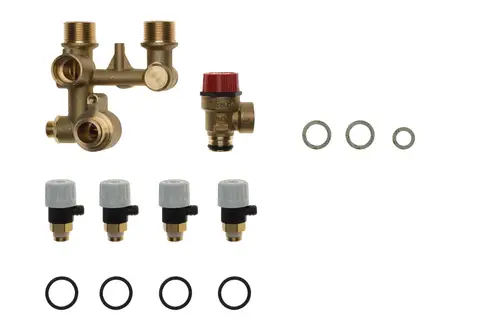 Hydraulikblock von Brötje, bestehend aus einem zentralen Block mit mehreren Anschlüssen, Sicherheitsventil sowie verschiedenen Dichtungen und Zubehörteilen.