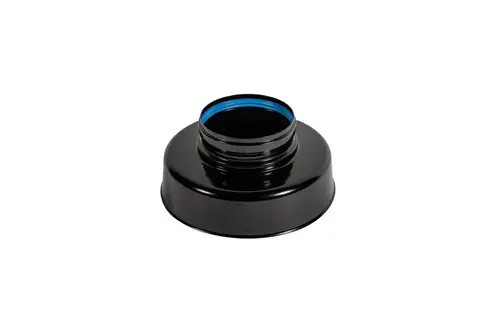 Schwarze Haube ohne Deckel mit Gewindeöffnung oben. Die Haube ist aus Kunststoff gefertigt und hat einen blauen Innenteil. Geeignet für Brötje-Produkte.