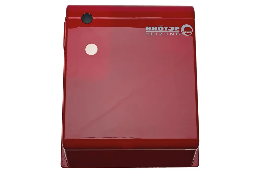 Rote Brennerhaube mit dem Logo von Brötje, mit einer glatten Oberfläche und zwei Montagepunkten auf der Oberseite, geeignet für Heizsysteme.