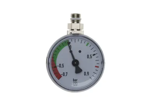 Manometer von Brötje mit einer Skala von -0,7 bis 0,9 bar, zur Druckmessung geeignet. Die Anzeige ist klar und hat farblich markierte Bereiche für den Druck.