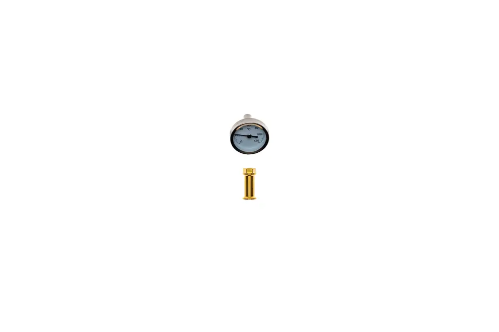 Brötje Thermometer zur Verwendung in einer Solargruppe, runde Anzeige mit Skala, ergänzt durch eine mittelschmale Messanordnung aus Metall.