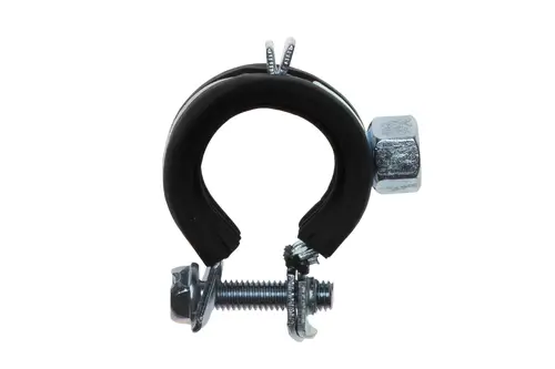 Brötje Schalldämmschelle aus Metall mit Schraubverbindung, die zur Befestigung von Rohrleitungen dient und Geräusche dämpfen soll.
