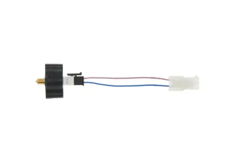 Brötje Temperatursensor-Adapter mit schwarzem Gehäuse und zwei Drähten in blau und rosa, an einem schraubbaren Anschluss befestigt.