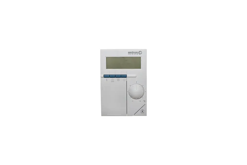 Brötje Steuergerät mit Display, mehreren Bedienelementen und einem Drehregler zur Temperaturregelung, montiert an einer hellen Wand.