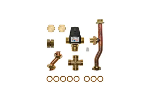 Brötje Mischventil mit verschiedenen Fittings, darunter Kupfer- und Messingelemente sowie Dichtungsringe, zur Nutzung in Trinkwassersystemen.