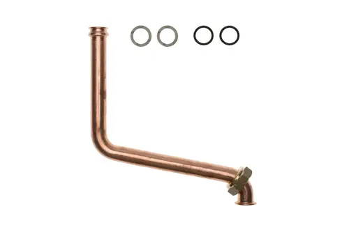 Kupfer-Rücklaufrohr mit gebogenem Design und Befestigungsteilen. Enthält zwei Dichtungsgummis und Unterlegscheiben. Teil eines Brötje Wärmetauschers.