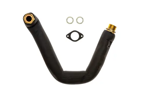 Brötje Vorlaufrohr in gebogener Form, mit einem Ende für ein Gewinde und einem weiteren verbundenen Anschluss, umgeben von Dichtungen. Ideal für Heizungsanwendungen.