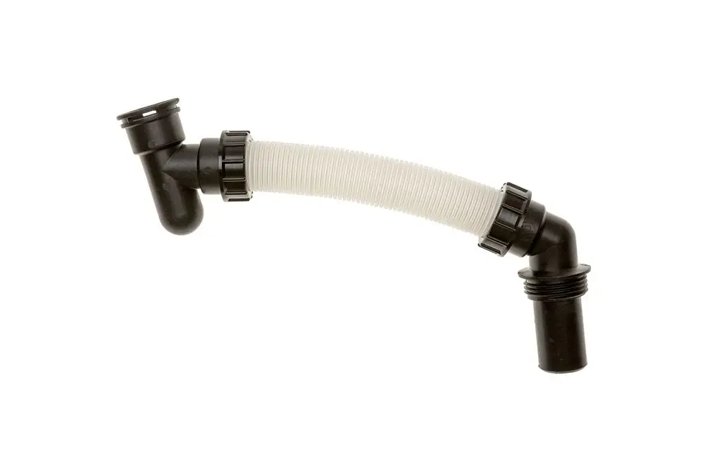 Kunststoff-Kondenswasserablauf von Brötje, gebogene Form mit flexibler Schlauchleitung, Anschlüsse an beiden Enden zur Wasserableitung.