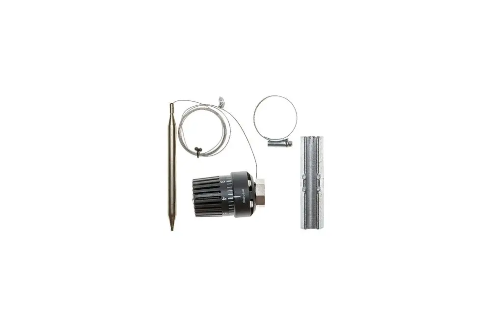 Brötje Thermostat mit Fernfühler, bestehend aus mehreren Komponenten, darunter ein Temperaturfühler, eine Verbindungsschnur und Befestigungselemente.