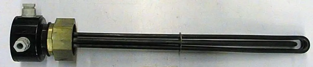 Brötje Zusatzheizung, Heizelement mit einem schwarzen Gehäuse und zwei seitlichen Heizrohren, geeignet für die Installation in Heizsystemen.