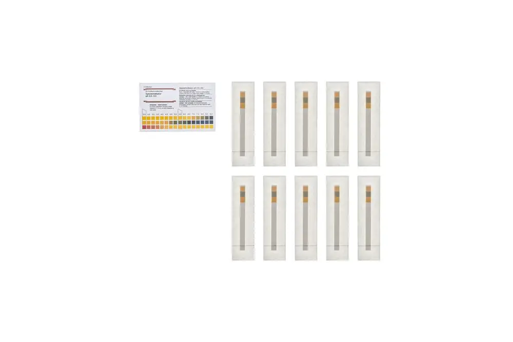 Messstreifen-Set von Brötje auf weißem Hintergrund. Enthält mehrere pH-Messstreifen sowie eine Farbskala zur Bestimmung des pH-Werts.