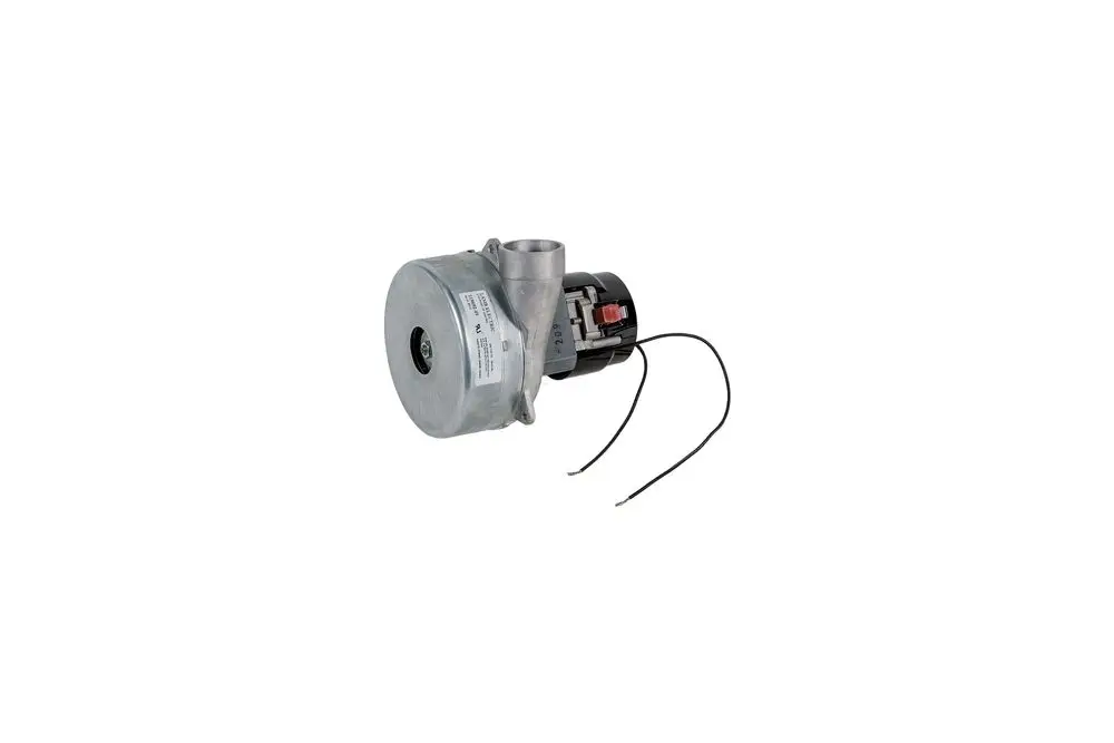 Gebläsemotor von Brötje mit einem runden Gehäuse und einem angeschlossenen Rohr. Sichtbare elektrische Anschlüsse und Etikett auf dem Gehäuse.