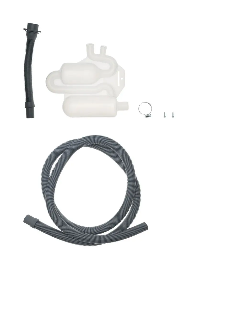 Brötje Siphon-Set mit flexiblen Schläuchen, Halterung und Befestigungselementen. Teile in verschiedenen Farben sind abgebildet.