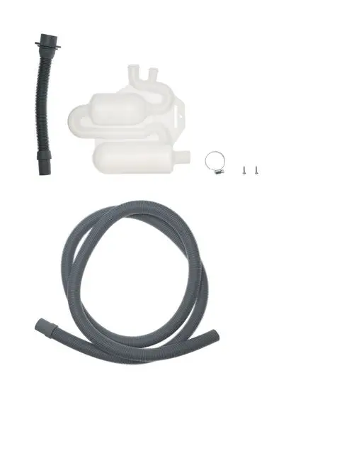 Brötje Siphon-Set mit flexiblen Schläuchen, Halterung und Befestigungselementen. Teile in verschiedenen Farben sind abgebildet.