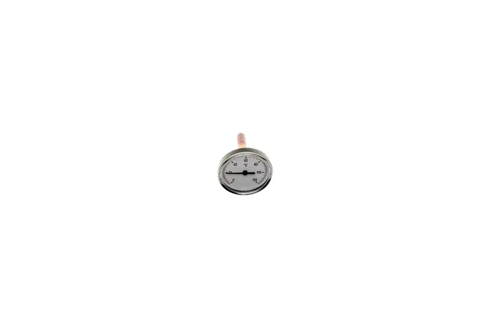 Brötje-Thermometer mit erkennbarer Skala für Temperaturmessungen. Rundes Gehäuse mit Ziffernblatt und einer Messsonde zur Nutzung in Heizungsanwendungen.