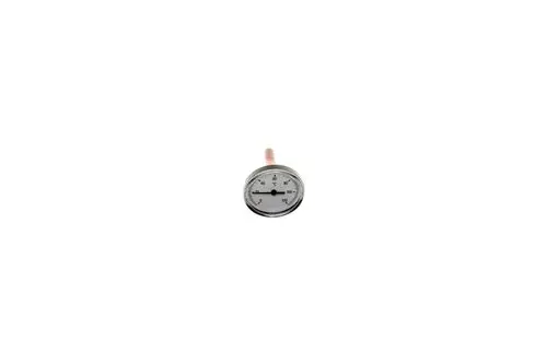 Brötje-Thermometer mit erkennbarer Skala für Temperaturmessungen. Rundes Gehäuse mit Ziffernblatt und einer Messsonde zur Nutzung in Heizungsanwendungen.