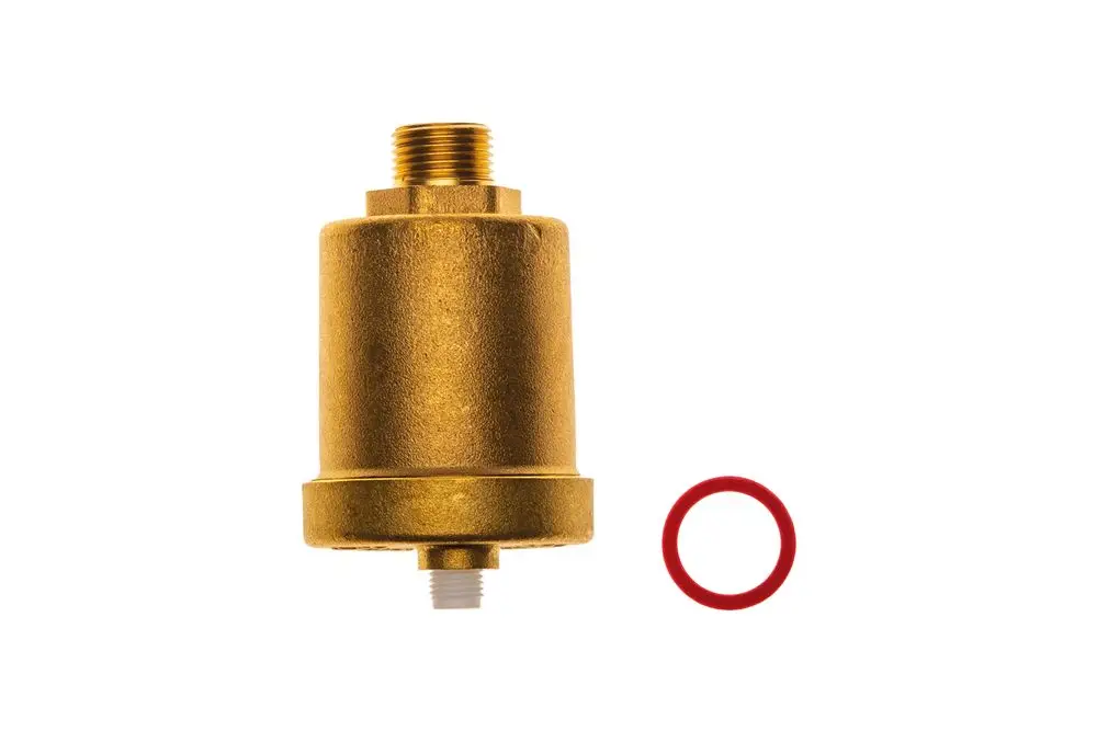 Brötje Schnellentlüfter in goldener Farbe mit einem roten O-Ring auf dem Tisch. Der Entlüfter hat Anschlussgewinde oben und unten, ohne erkennbare Beschriftung.