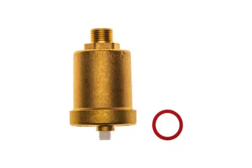 Brötje Schnellentlüfter in goldener Farbe mit einem roten O-Ring auf dem Tisch. Der Entlüfter hat Anschlussgewinde oben und unten, ohne erkennbare Beschriftung.