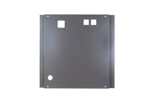 Graues Metallblech mit Ausschnitten und Bohrungen. Das Produkt gehört zur Marke Brötje und könnte für Heizungsanwendungen genutzt werden.