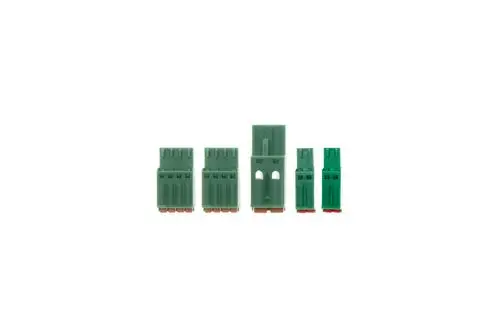 Stecker Set von Brötje bestehend aus mehreren grünen Steckverbindern in verschiedenen Größen, angeordnet in einer Reihe auf hellem Hintergrund.