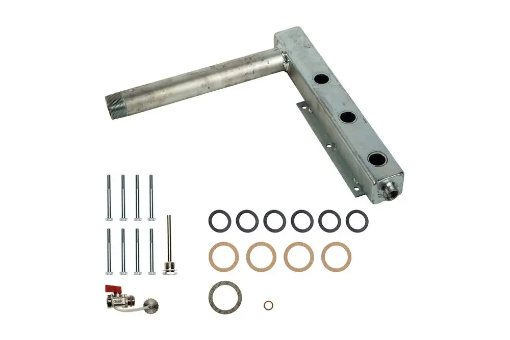 Vorlaufverteiler von Brötje, bestehend aus einer Metallstruktur mit mehreren Anschlusslöchern, unterschiedlich großen Dichtungsringen und Montageschrauben.