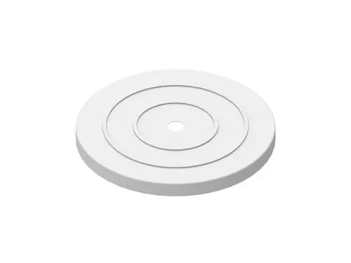 Runder, weißer Verkleidungsdeckel von Brötje mit konzentrischen Rillen und einem zentralen Loch. Ideal zur Abdeckung eines Pufferspeichers.