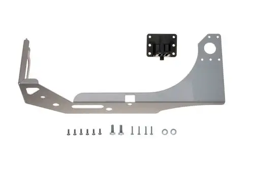 Brötje Halter mit Druckschalter, bestehend aus einer metallischen Halterung und mehreren Schrauben sowie Unterlegscheiben, angeordnet auf einer neutralen Fläche.