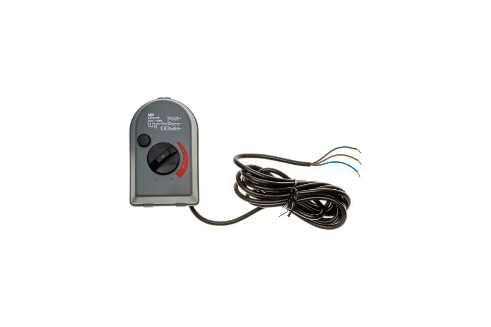 Brötje Mischermotor mit Drehregler und drei Drähten für die elektrische Verbindung, abgebildet mit einem Kabel in standardmäßiger schwarzer Isolierung.
