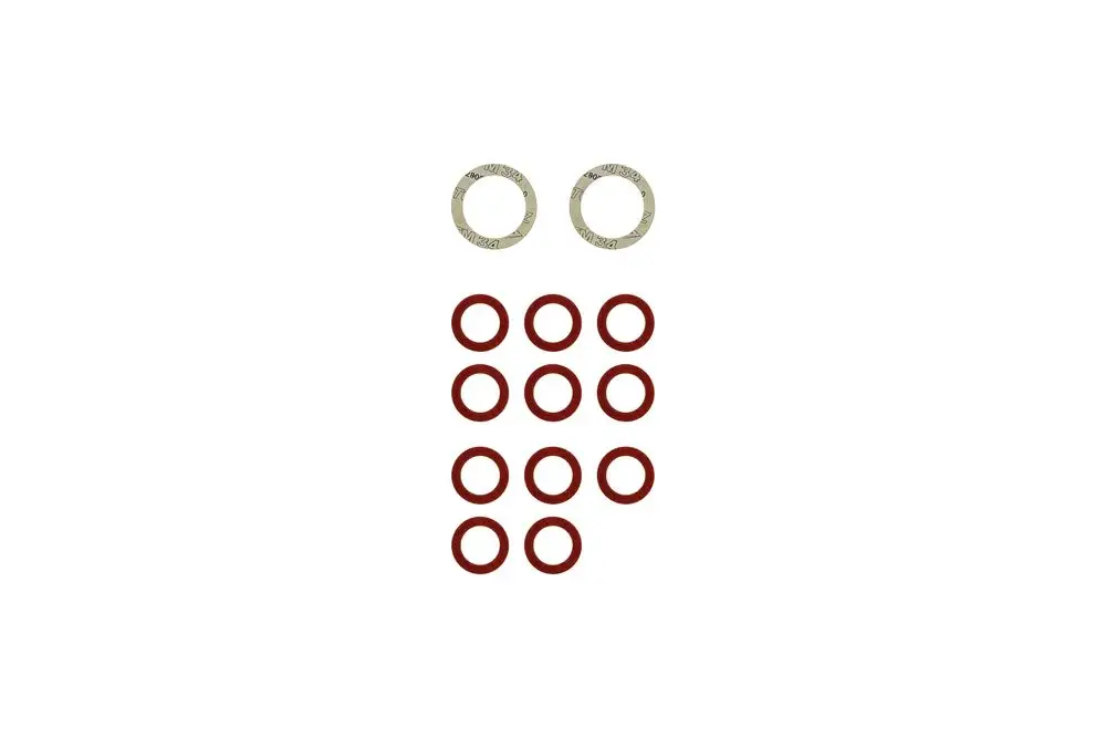 Zwei metallische Ringe und zwölf rote Dichtungsringe in einer geordneten Anordnung. Zubehör zur Verwendung mit Brötje Produkten.