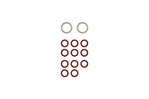 Zwei metallische Ringe und zwölf rote Dichtungsringe in einer geordneten Anordnung. Zubehör zur Verwendung mit Brötje Produkten.