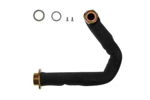 Vorlaufrohr in gebogener Form mit metallischen Anschlüssen und Dichtungen, hergestellt von Brötje. Zubehörteile liegen neben dem Rohr.