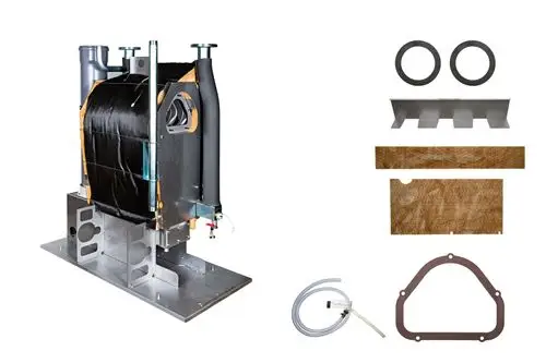 Brötje Wärmetauscher in rechteckiger Form, ausgestattet mit Rohren, einer isolierenden Hülle und Montageschrauben, auf einer Metallbasis platziert.