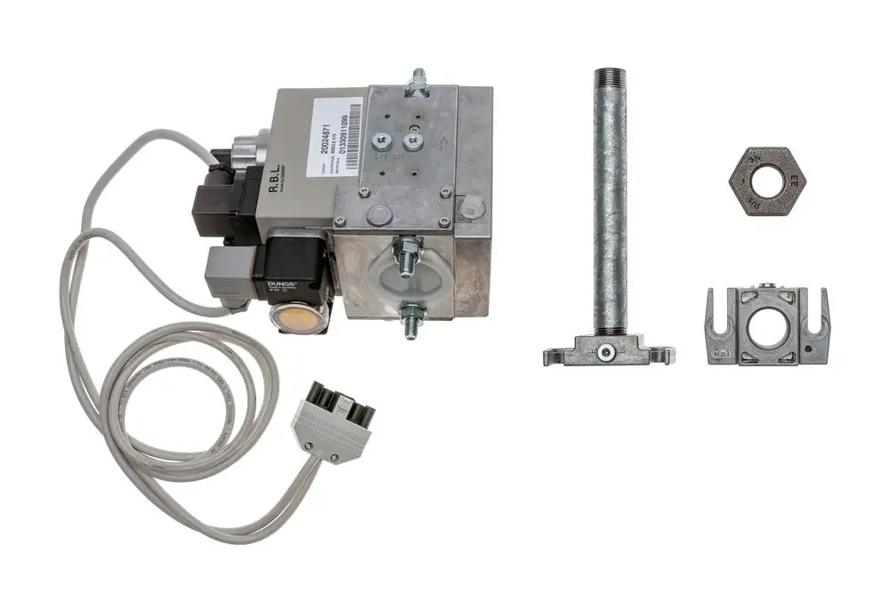 Brötje Gasventil mit metallischem Gehäuse, Anschlüssen, Kabeln und verschiedenen Zubehörteilen. Das Ventil zeigt eine komplexe Bauweise für Gasregulierung.