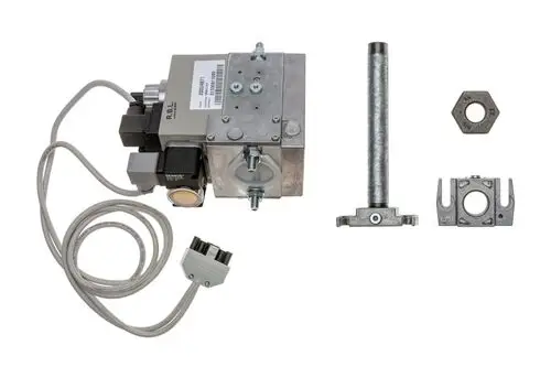 Brötje Gasventil mit metallischem Gehäuse, Anschlüssen, Kabeln und verschiedenen Zubehörteilen. Das Ventil zeigt eine komplexe Bauweise für Gasregulierung.