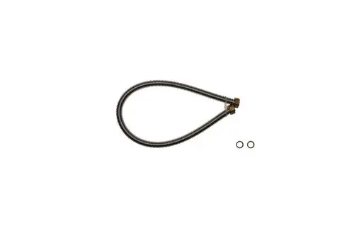 Brötje Wellrohr mit zwei Anschlussstücken und zwei O-Ringen auf neutralem Hintergrund. Das Produkt dient zur Verbindung in Heizungsanlagen.