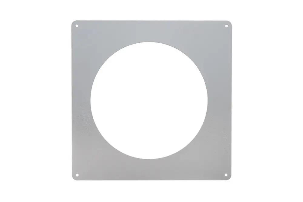 Metallisches Adapterblech mit quadratischer Form und kreisförmiger Öffnung in der Mitte, geeignet für Abgasanschlüsse, farblich in Grau von der Marke Brötje.