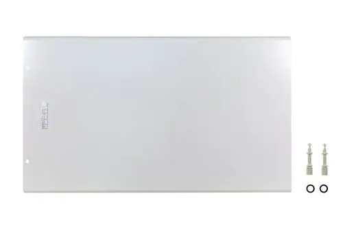 Brötje Verkleidungsvorderwand in Weiß, rechteckige Form mit zwei Montageschrauben und Dichtungsringen, geeignet zur Abdeckung eines Heizgeräts oder ähnlichen Komponenten.