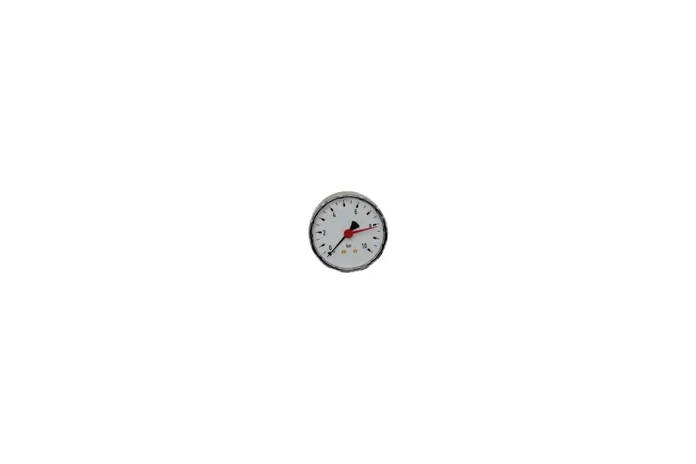 Manometer mit weißem Ziffernblatt und rotem Zeiger, angezeigt wird der Druck in bar. Brötje-Produkt zur Drucküberwachung.