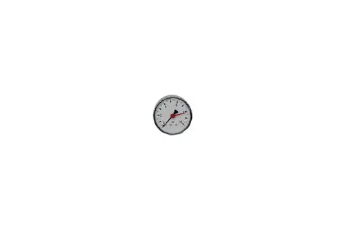 Manometer mit weißem Ziffernblatt und rotem Zeiger, angezeigt wird der Druck in bar. Brötje-Produkt zur Drucküberwachung.