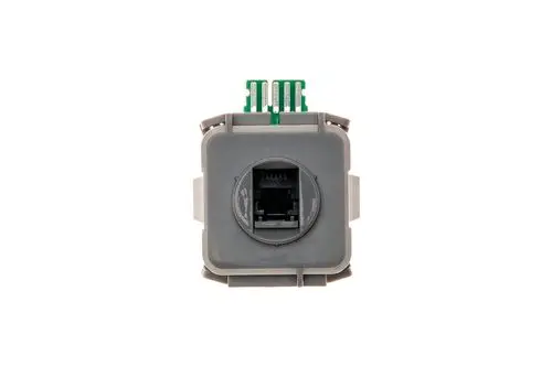 Graues Gehäuse mit RJ45-Anschluss und Leiterbahnen. Das Produkt von Brötje dient zur Datenübertragung oder als Verbindungselement in elektrischen Anwendungen.