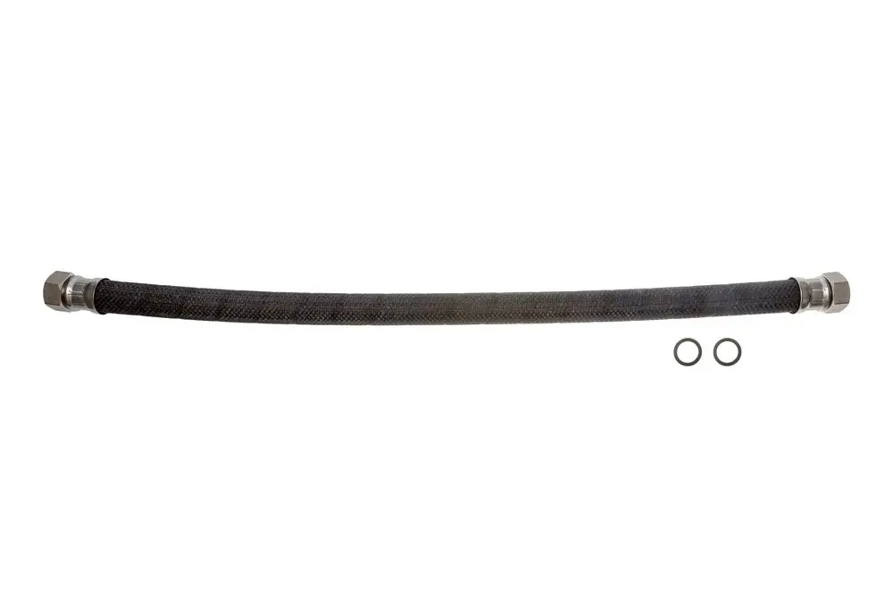 Schwarzer Schlauch mit Metallanschlüssen und zwei O-Ringen, geeignet für verschiedene Anwendungen, Marke Brötje.