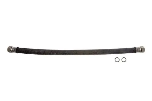 Schwarzer Schlauch mit Metallanschlüssen und zwei O-Ringen, geeignet für verschiedene Anwendungen, Marke Brötje.