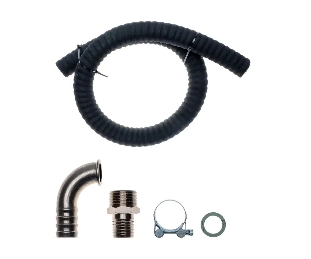 Schwarzer Gummischlauch mit Stahlspirale, gebogenes Metallrohr, Verbindungselement, Schelle und Riegel. Zubehör von Brötje für Anwendungen im Rohrleitungsbau.