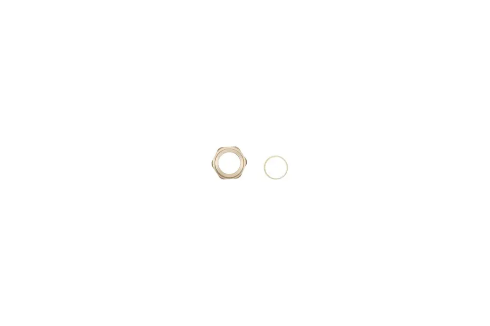 Brötje Klemmringverschraubung, bestehend aus einer sechseckigen Mutter und einem kleinen Ring, auf weißem Hintergrund.