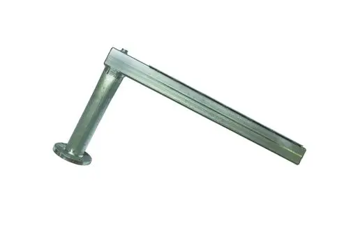 Brötje Rücklaufverteiler in metallischer Ausführung, bestehend aus einem vertikalen Rohr mit einem seitlichen Arm und einer Flanschbefestigung.