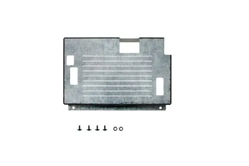 Metallabdeckung in rechteckiger Form mit horizontalen Rillen und Ausschnitten, geliefert mit Schrauben und Unterlegscheiben. Produkt von Brötje.