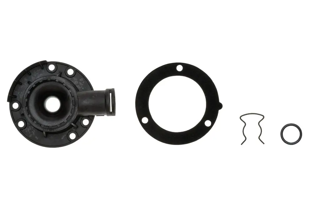 Brötje Venturi Mischadapter in Schwarz mit Dichtungen und Halteclip, bestehend aus einem Hauptkörper und einer Montageplatte.