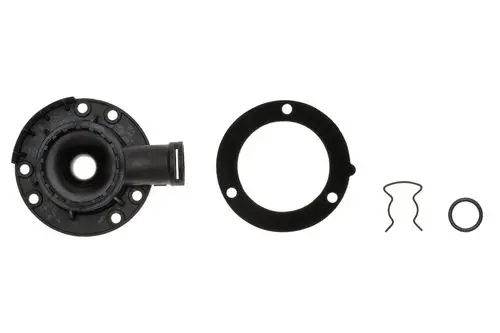 Brötje Venturi Mischadapter in Schwarz mit Dichtungen und Halteclip, bestehend aus einem Hauptkörper und einer Montageplatte.