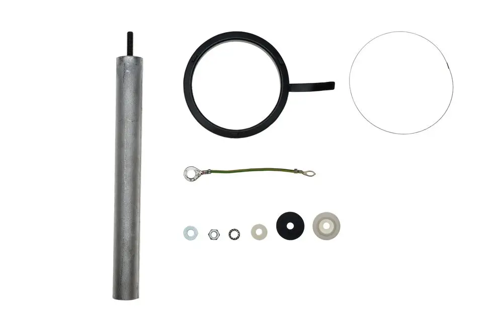 Brötje Anode besteht aus einem langen Metallzylinder, einem schwarzen O-Ring, mehreren Unterlegscheiben, einer Halterung und anderen kleinen Metallteilen.