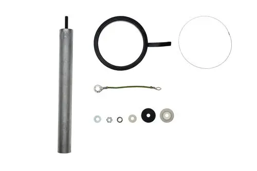 Brötje Anode besteht aus einem langen Metallzylinder, einem schwarzen O-Ring, mehreren Unterlegscheiben, einer Halterung und anderen kleinen Metallteilen.
